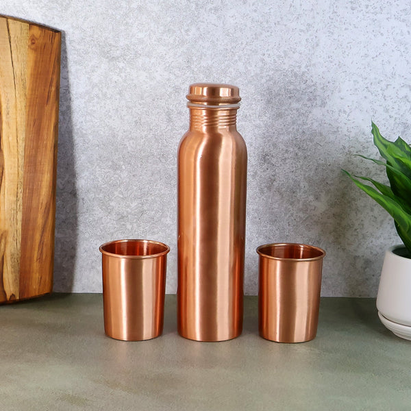 Copper Water Bottle 2 Glasses with Gift Box (3 Pcs Set)